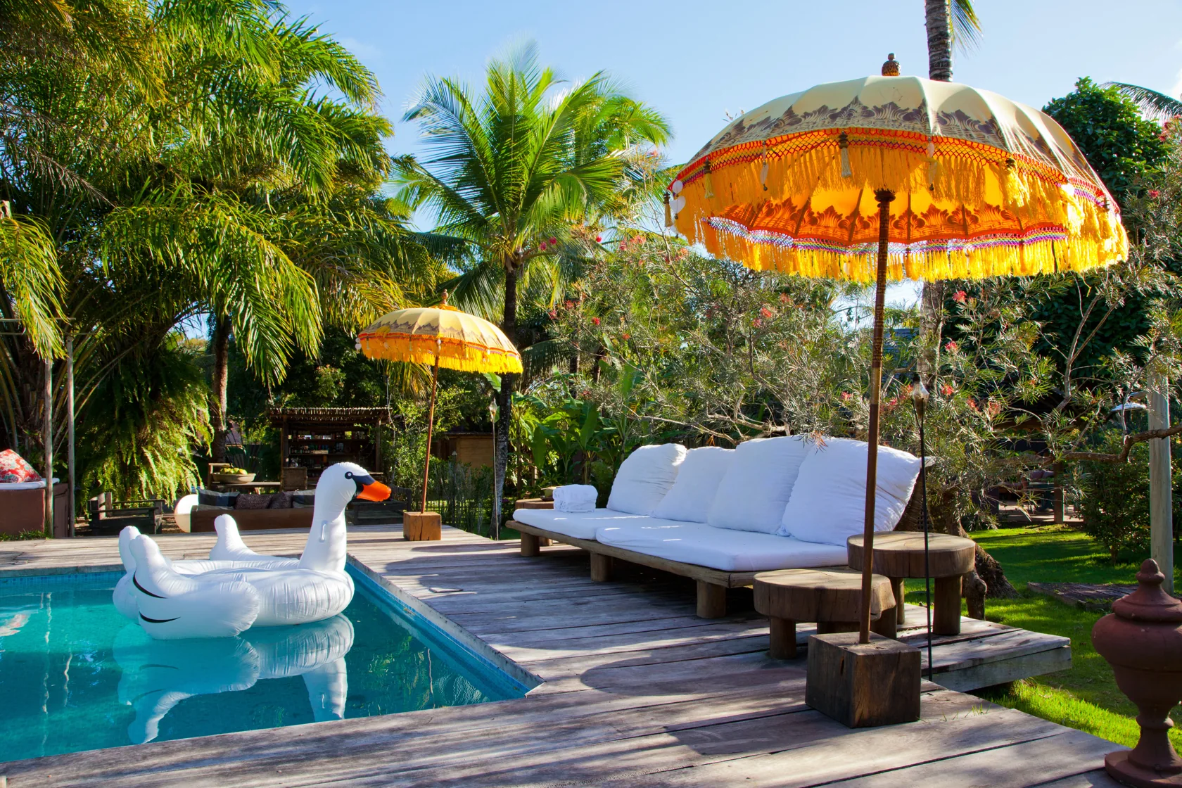 Pool surrounded by palms, garden and loungers